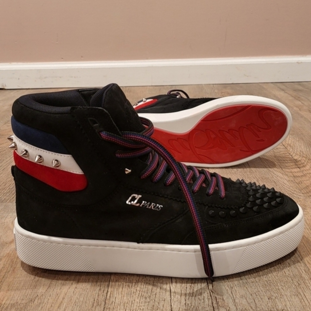Christian Louboutin Black Sneakers with Red Soles and Blue-Red Details